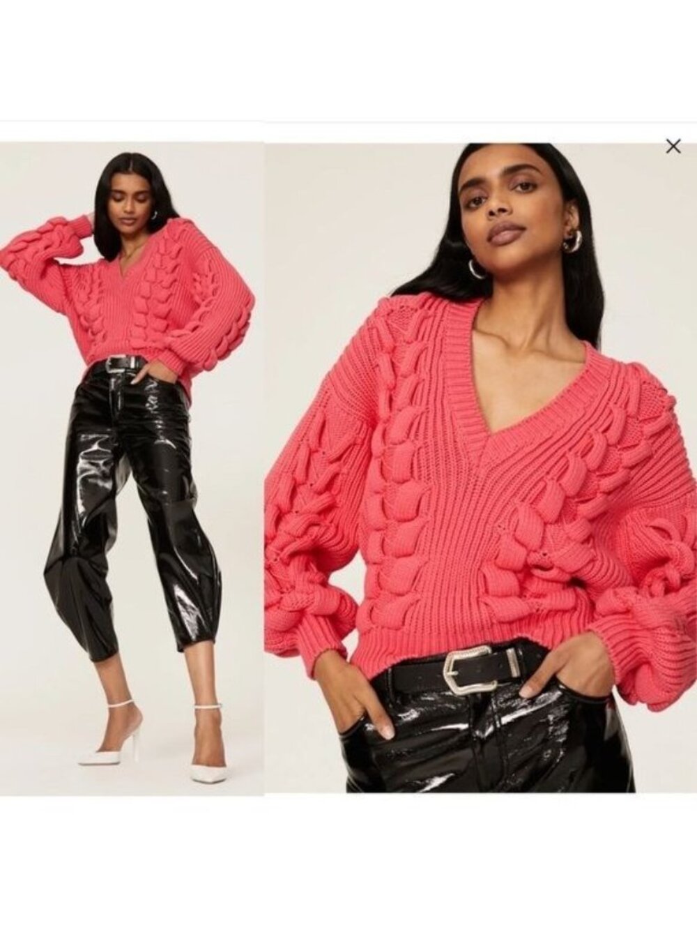 NEW IRO Arwy Chunky Cable Oversized V-Neck Sweater S 3D Knit Bubblegum Pink
